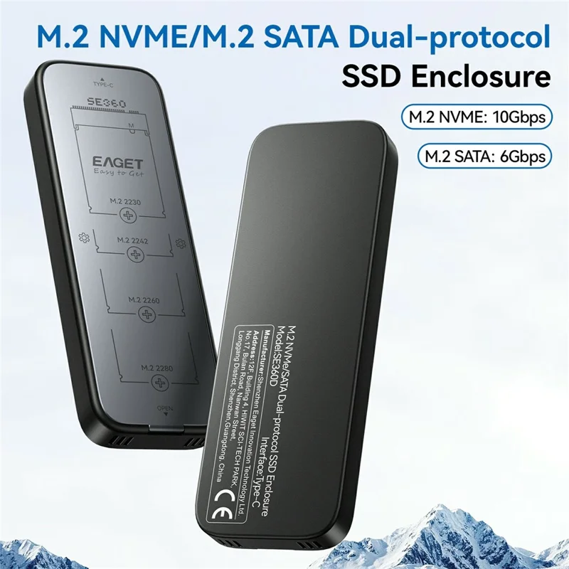 EAGET SE360D M.2 NVMe SATA Dual Protocol SSD Enclosure 10Gbps USB 3.2 Gen 2 USB-C External SSD Case, Support 8TB Max