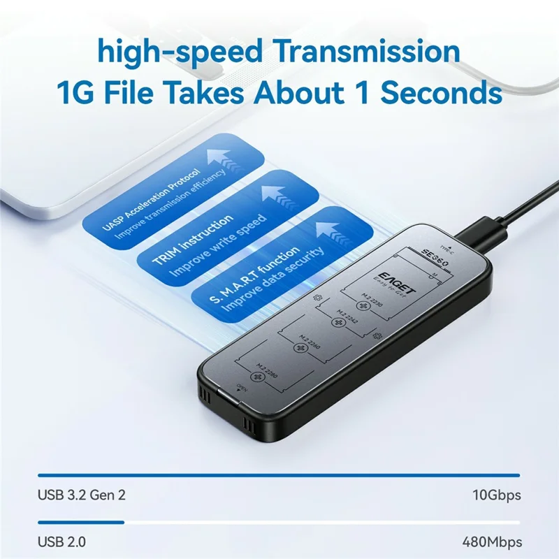 EAGET SE360D M.2 NVMe SATA Dual Protocol SSD Enclosure 10Gbps USB 3.2 Gen 2 USB-C External SSD Case, Support 8TB Max
