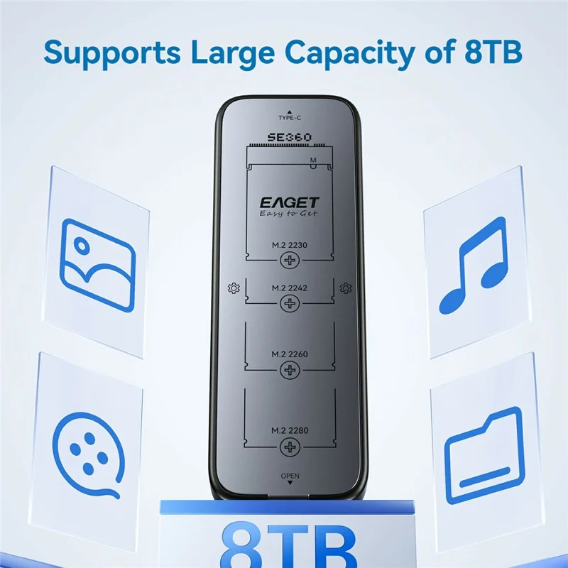 EAGET SE360D M.2 NVMe SATA Dual Protocol SSD Enclosure 10Gbps USB 3.2 Gen 2 USB-C External SSD Case, Support 8TB Max