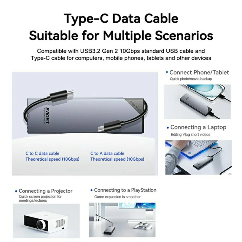 EAGET SE630D Caixa para SSD M.2 NVMe SATA com Duplo Protocolo, Suporte até 8TB, 10Gbps, Tipo-C, Caixa Externa para SSD