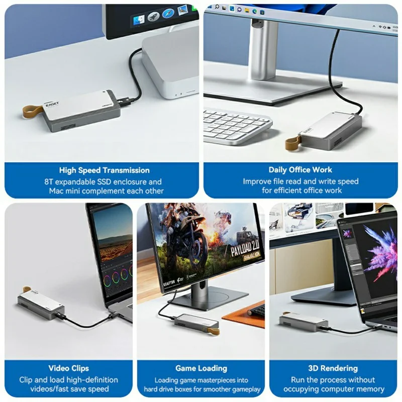 EAGET TSE4500 40 Gbps Caixa para SSD M.2 NVMe USB 4.0, Suporte Thunderbolt 4, Caixa para Disco Rígido até 8 TB, para Edição de Vídeo e Jogos - Cinza Prateado