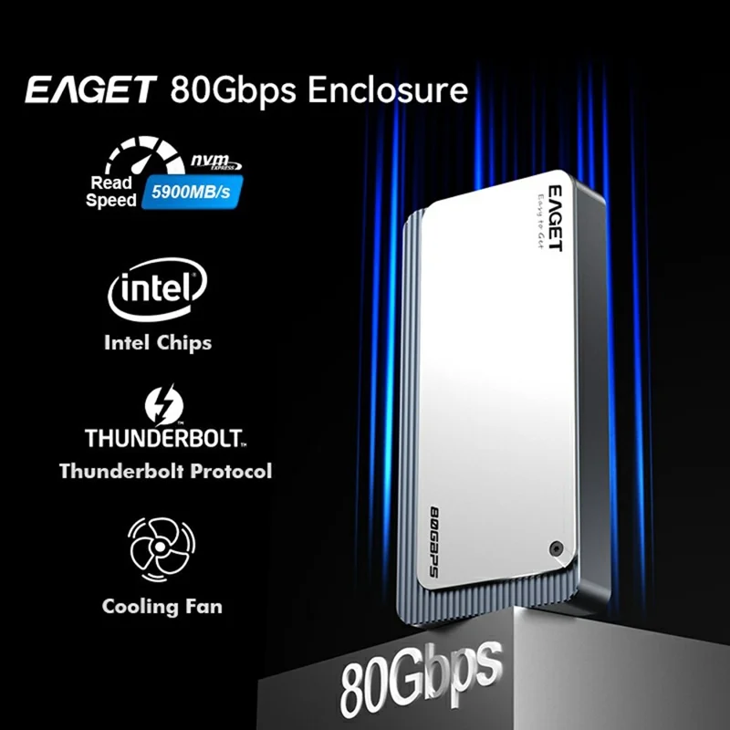 EAGET TSE8500 M.2 NVMe Enclosure 80Gbps USB-C 4.0 8TB Support Aluminum Alloy External Hard Drive Case - Silver Grey