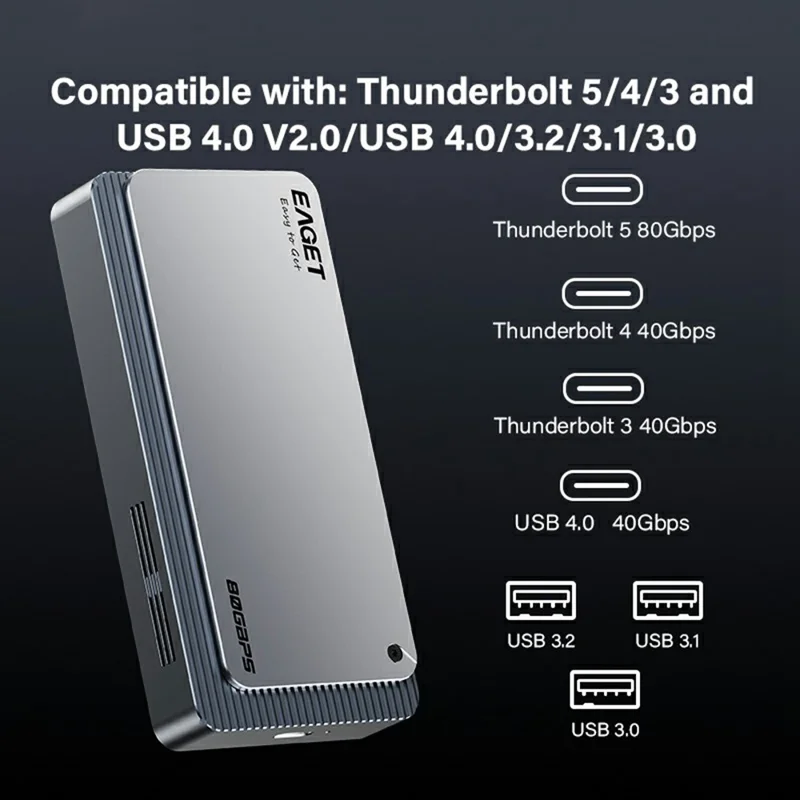 EAGET TSE8500 M.2 NVMe Enclosure 80Gbps USB-C 4.0 8TB Support Aluminum Alloy External Hard Drive Case - Silver Grey