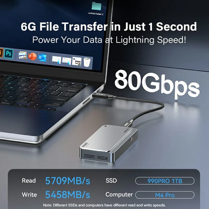 EAGET TSE8500 M.2 NVMe Enclosure 80Gbps USB-C 4.0 8TB Support Aluminum Alloy External Hard Drive Case - Silver Grey