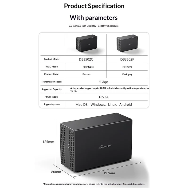 BLUEENDLESS Dual-Bay Hard Drive Enclosure USB3.0 5Gbps RAID 0 / 1 / JBOD SATA 2.5 / 3.5 Inch HDD SSD External Storage - EU Plug