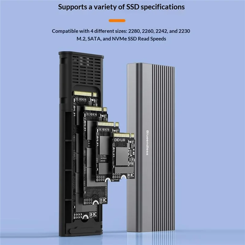 BLUEENDLESS M.2 SSD Enclosure NVMe / SATA Dual Protocol Type-C External SSD Reader for Mobile Storage - Grey