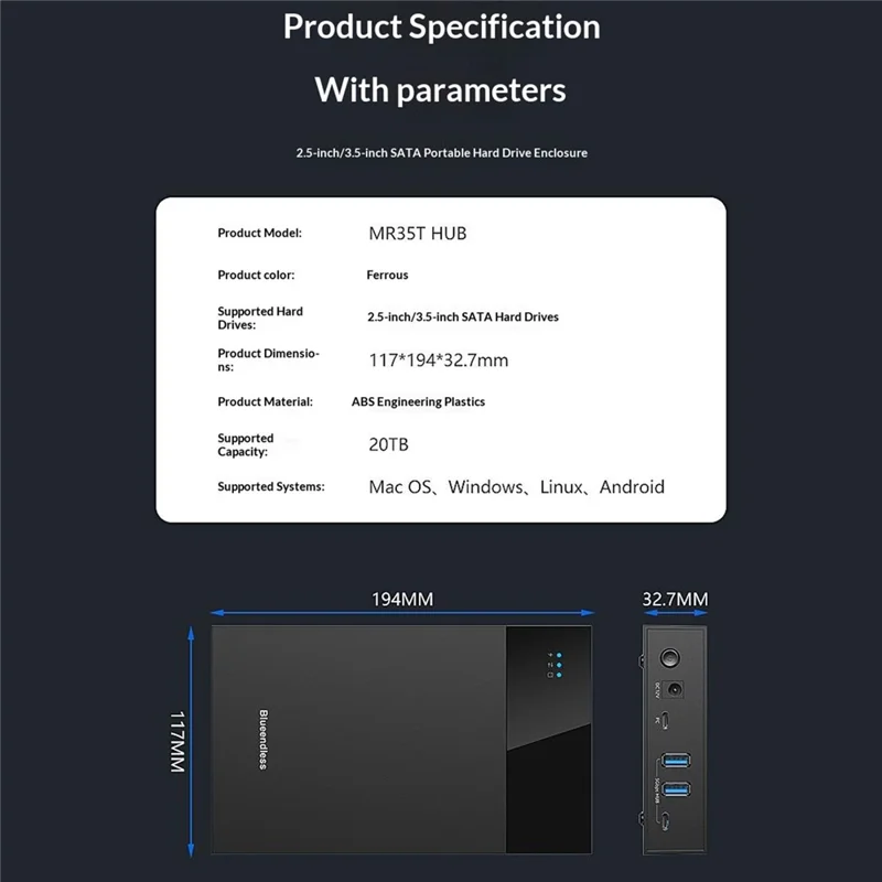 BLUEENDLESS MR35T HUB Desktop 3.5 Inch Hard Drive Enclosure 20TB Large Capacity External Powered Storage Expansion Hub - Black