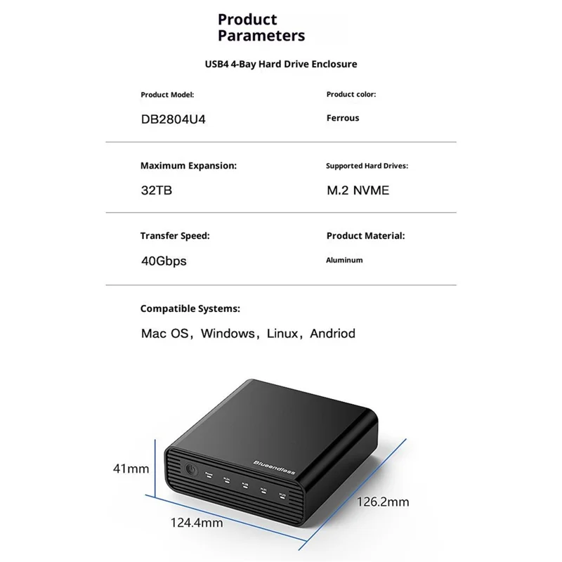 BLUEENDLESS DB2804U4 4-Bay M.2 NVMe SSD Enclosure USB4 40Gbps 32TB Capacity Aluminum RAID Support - Black