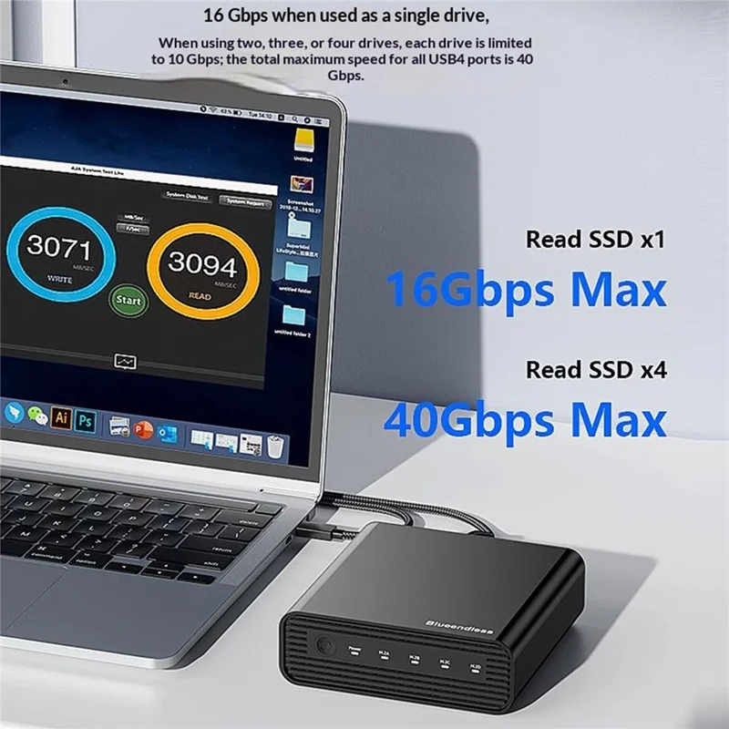 BLUEENDLESS DB2804U4 4-Bay M.2 NVMe SSD Enclosure USB4 40Gbps 32TB Capacity Aluminum RAID Support - Black