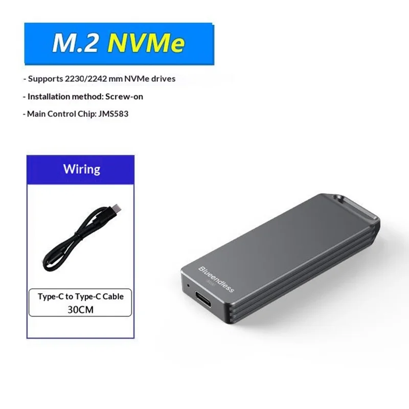 BLUEENDLESS M5N Mini NVMe Enclosure 10Gbps 2230 / 2242mm M-Key SSD USB3.1 Portable SSD Case 4TB Capacity - Grey