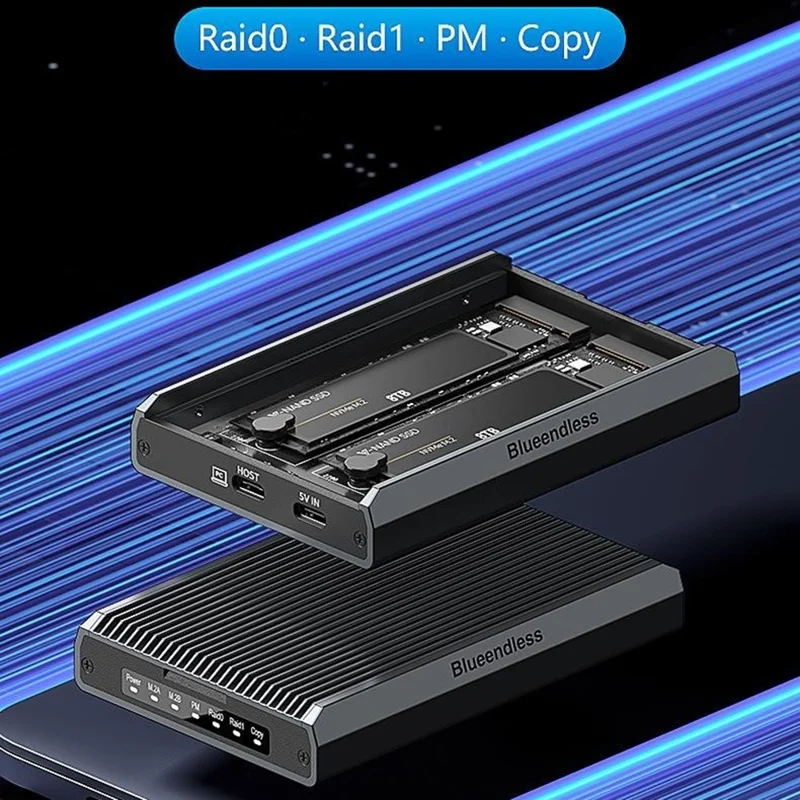 BLUEENDLESS DB280A3 Dual-Bay M.2 NVMe / SATA RAID Enclosure 20Gbps Hardware RAID Offline Clone for Laptop Phone Tablet - Black