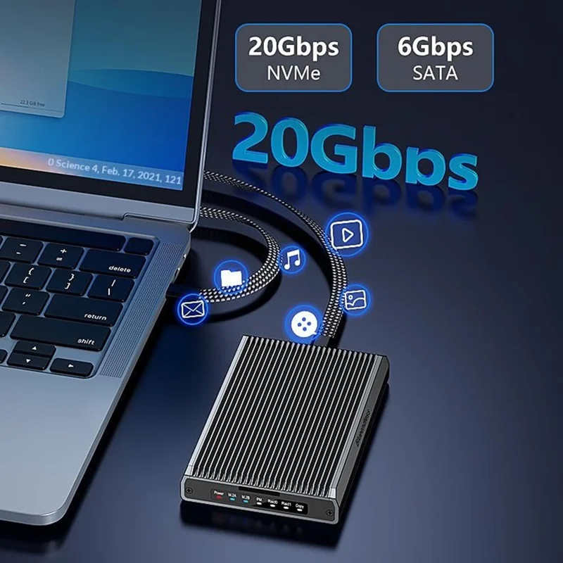 BLUEENDLESS DB280A3 Dual-Bay M.2 NVMe / SATA RAID Enclosure 20Gbps Hardware RAID Offline Clone for Laptop Phone Tablet - Black