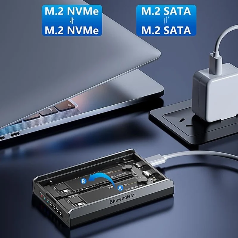 BLUEENDLESS DB280A3 Dual-Bay M.2 NVMe / SATA RAID Enclosure 20Gbps Hardware RAID Offline Clone for Laptop Phone Tablet - Black