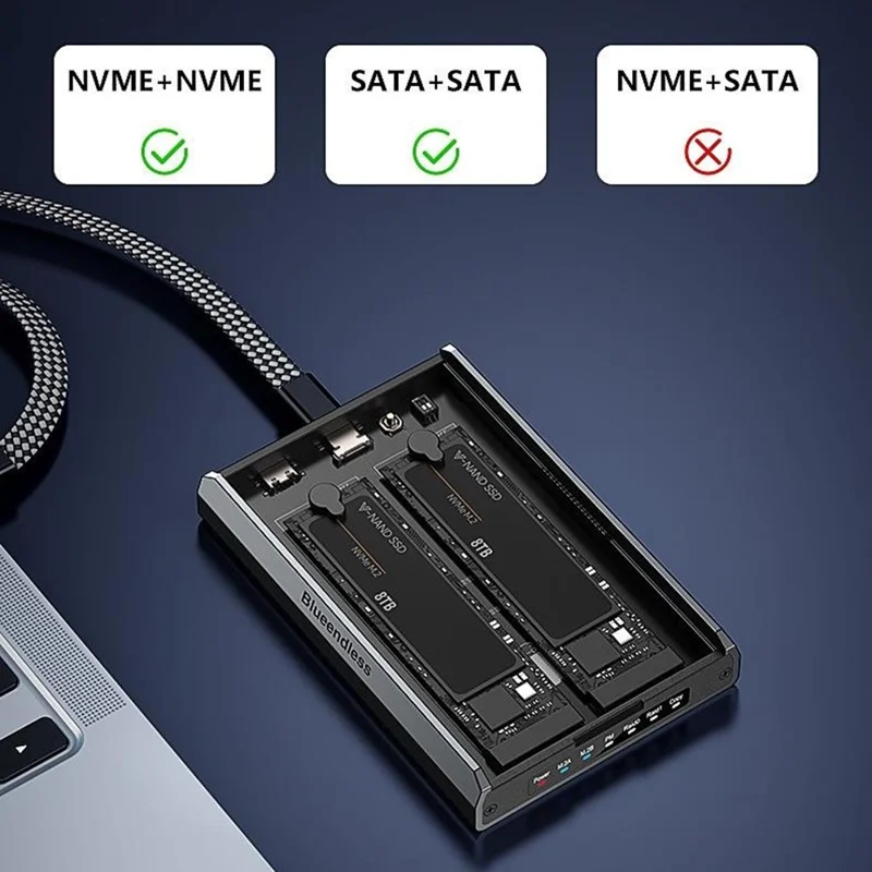 BLUEENDLESS DB280A3 Dual-Bay M.2 NVMe / SATA RAID Enclosure 20Gbps Hardware RAID Offline Clone for Laptop Phone Tablet - Black