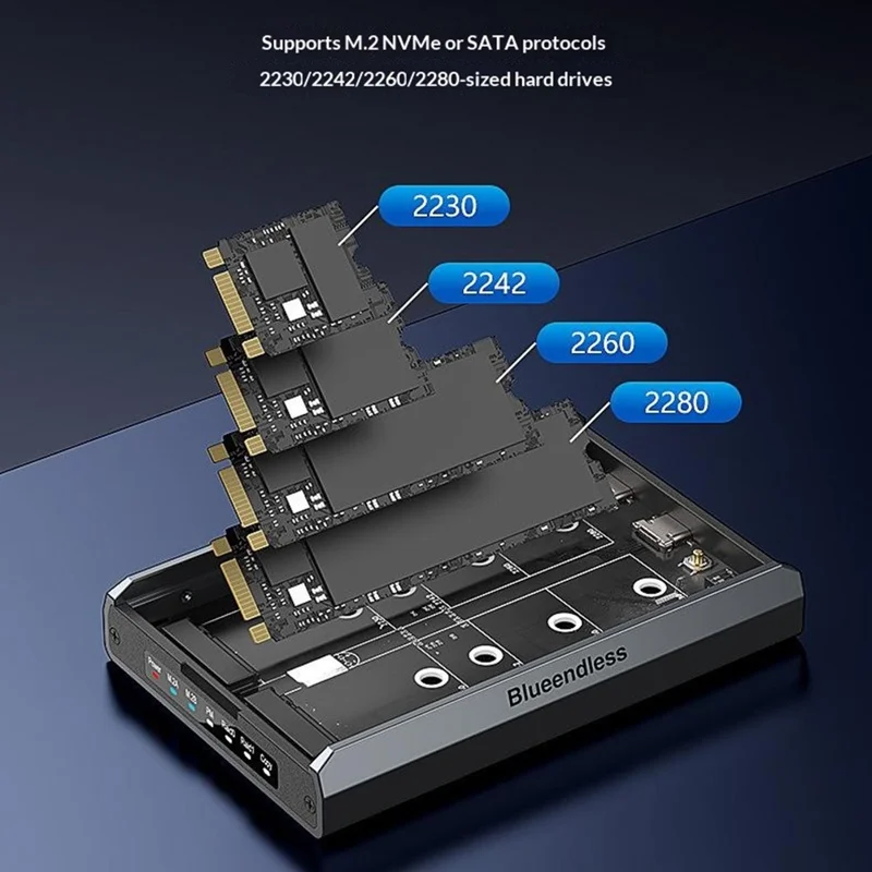 BLUEENDLESS DB280A3 Dual-Bay M.2 NVMe / SATA RAID Enclosure 20Gbps Hardware RAID Offline Clone for Laptop Phone Tablet - Black