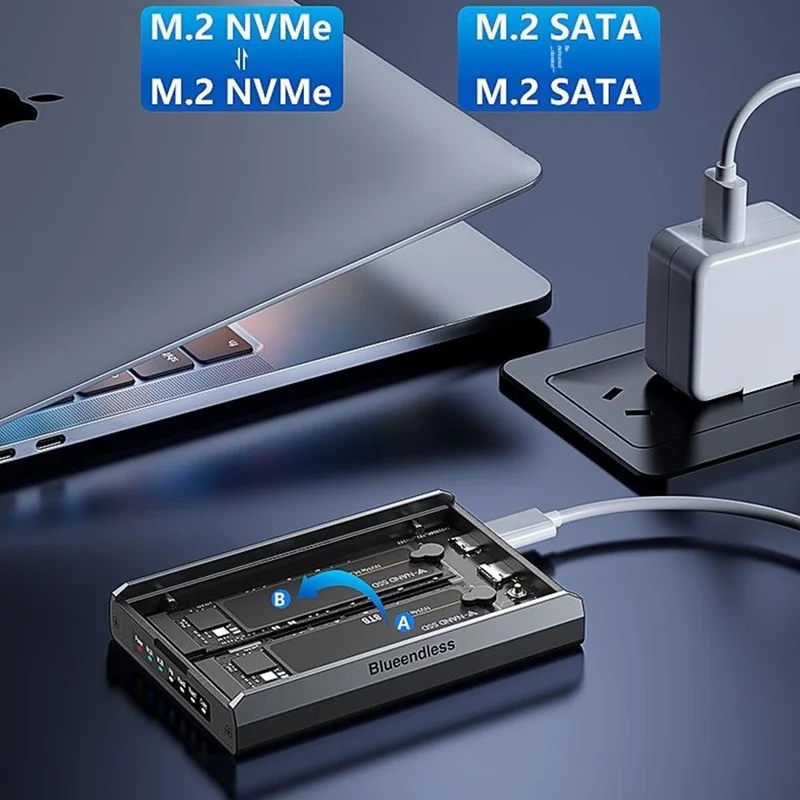 BLUEENDLESS Dual Bay M.2 NVMe Enclosure 10Gbps USB3.2 Gen1 External SSD Enclosure for Phone Tablet Game Console - Black