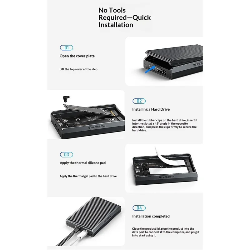 BLUEENDLESS Dual Bay M.2 NVMe Enclosure 10Gbps USB3.2 Gen1 External SSD Enclosure for Phone Tablet Game Console - Black