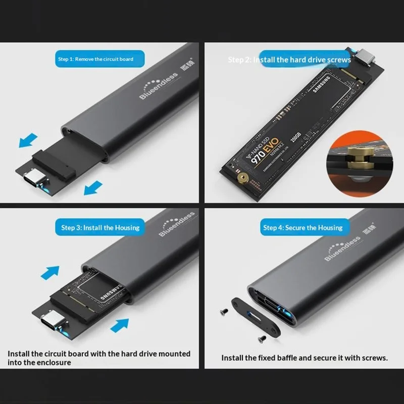 BLUEENDLESS D2802N M.2 NVMe SSD Enclosure JMS583 Controller 10Gbps USB 3.1 Gen2 Type-C External Hard Drive Case - Dark Grey