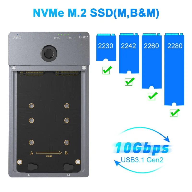 ROCKETEK ME921 M.2 NVME Enclosure Double Bracket Offline Clone/Duplicator Function SSD Hard Disk Case - EU Plug