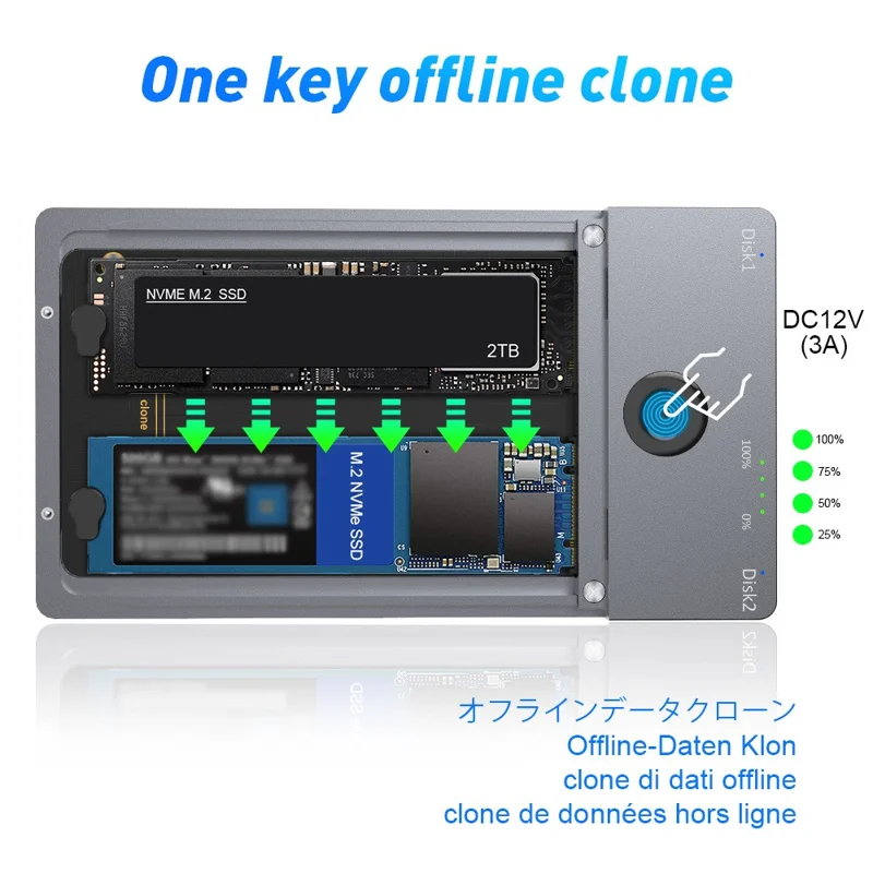 ROCKETEK ME921 M.2 NVME Enclosure Double Bracket Offline Clone/Duplicator Function SSD Hard Disk Case - EU Plug