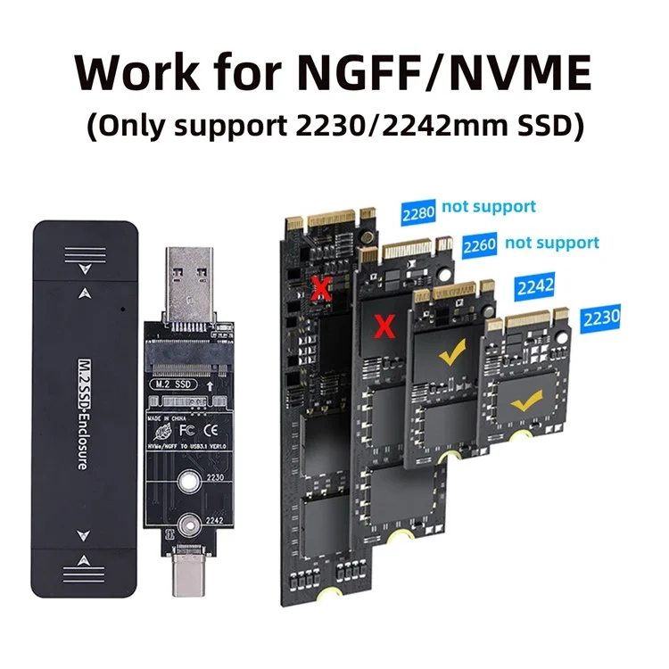 UC-057 Type-C e USB3.0 a NVME M-Key M.2 NGFF SATA SSD PCBA Case 2230 / 2242mm Adattatore RTL9210B Chipset