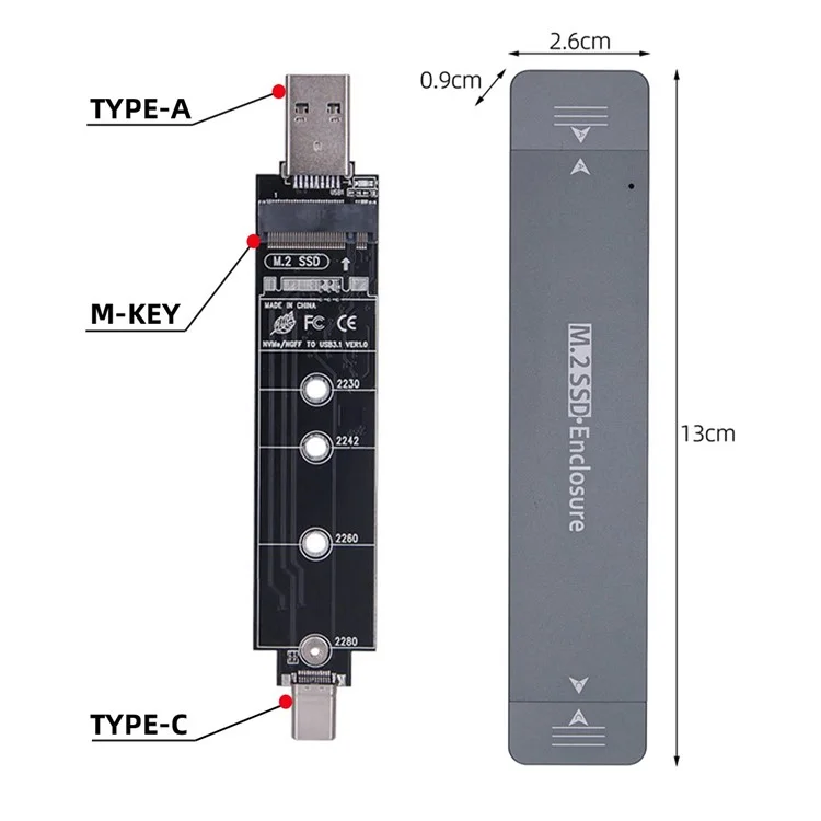 Uc-057-2280 mm Combo Tipo-c + USB3.0 a NVME M-key M.2 NGFF SATA SSD PCBA Case 2280 / 2242 / Chipset de 2230 mm RTL9210B