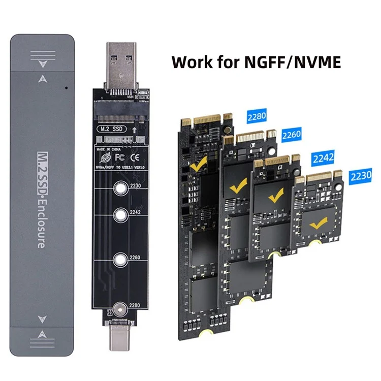 Uc-057-2280 mm Combo Tipo-c + USB3.0 a NVME M-key M.2 NGFF SATA SSD PCBA Case 2280 / 2242 / Chipset de 2230 mm RTL9210B