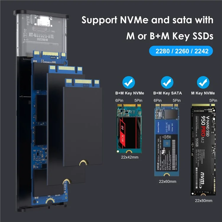 UC-145 USB 3.0 Type-C to NVME M-key M.2 NGFF SATA SSD External PCBA Case Enclosure RTL9210B Chipset