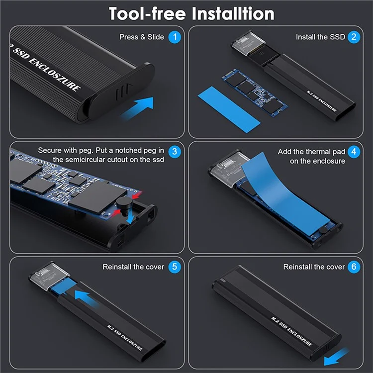 UC-145 USB 3.0 Type-C to NVME M-key M.2 NGFF SATA SSD External PCBA Case Enclosure RTL9210B Chipset