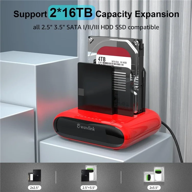 WAVLINK ST341U USB 3.0 to SATA I / II / III Dual Bay External Hard Drive Enclosure Docking Station for 2.5 / 3.5 inch SATA HDD SSD - UK Plug