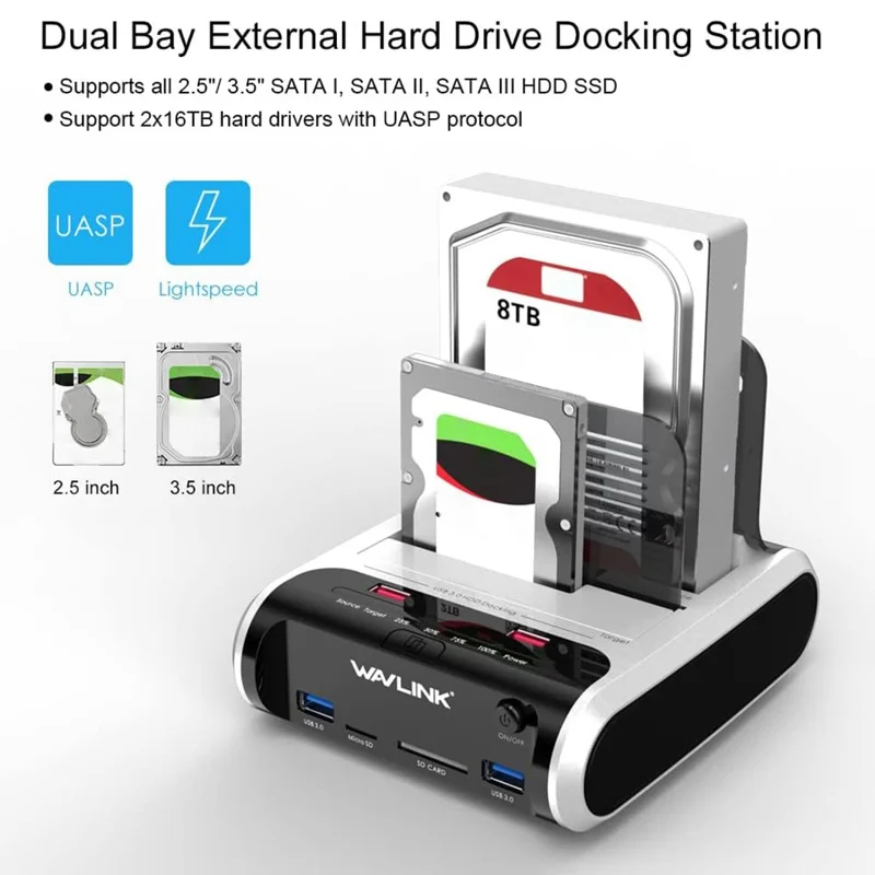WAVLINK ST336A Dual Bay External Hard Drive Docking Station 2.5  / 3.5 inch SATA HDD with Offline Clone Function - AU Plug