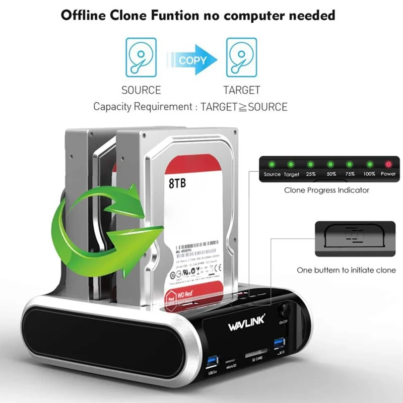 WAVLINK ST336A Dual Bay External Hard Drive Docking Station 2.5  / 3.5 inch SATA HDD with Offline Clone Function - AU Plug