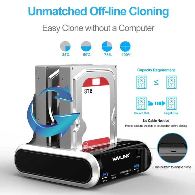 WAVLINK ST336A Dual Bay External Hard Drive Docking Station 2.5  / 3.5 inch SATA HDD with Offline Clone Function - AU Plug