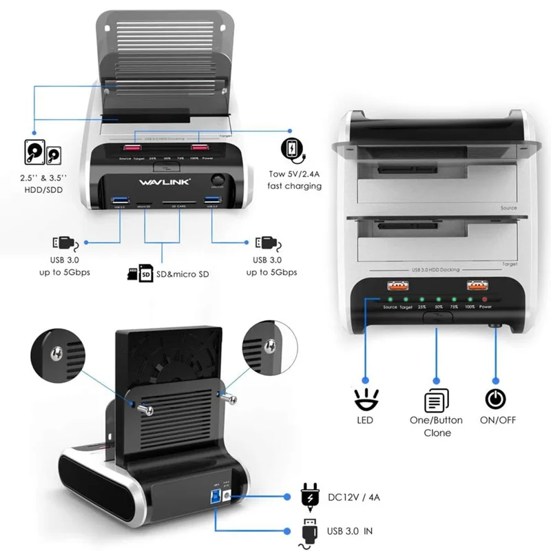 WAVLINK ST336A Dual Bay External Hard Drive Docking Station 2.5  / 3.5 inch SATA HDD with Offline Clone Function - AU Plug