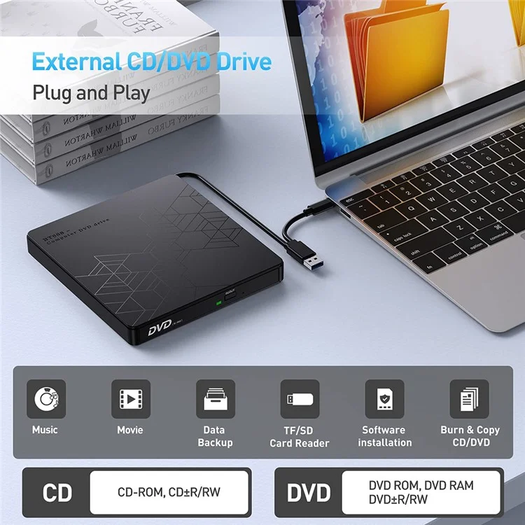 BT668 CD Disc Player Readable TF / SD Card USB Multi-Function External Optical Drive Laptop DVD Burner