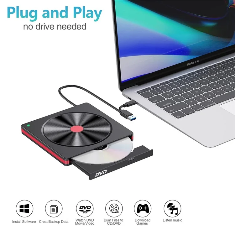 048 Unidade Óptica Externa USB Portátil de DVD-RW Queimador de DVD de Área de Trabalho Integrado Tipo-C
