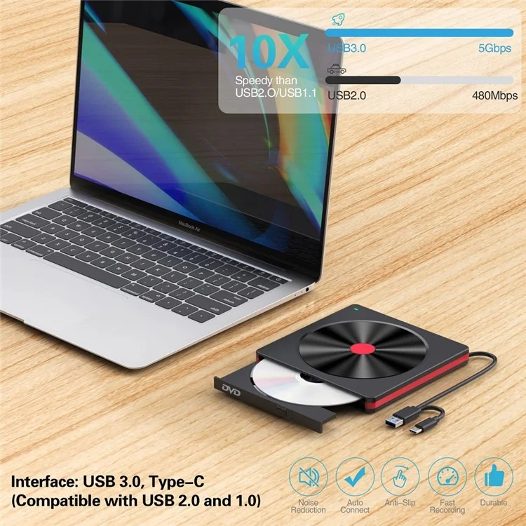 048 Unidade Óptica Externa USB Portátil de DVD-RW Queimador de DVD de Área de Trabalho Integrado Tipo-C