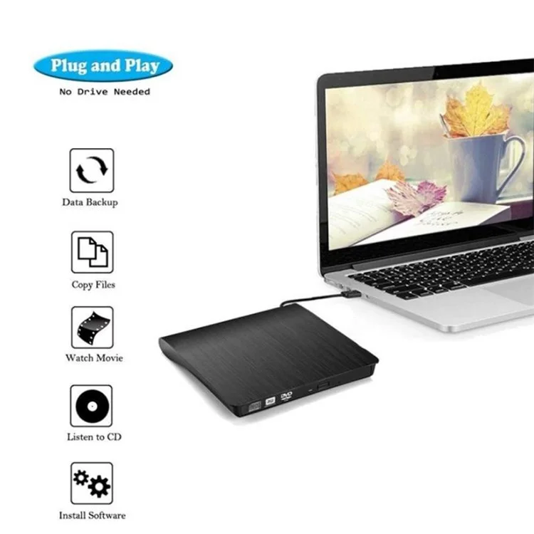 663 USB3.0 Computer Laptop External Optical Drive Burner Brushed High Speed CD DVD Burner - Black
