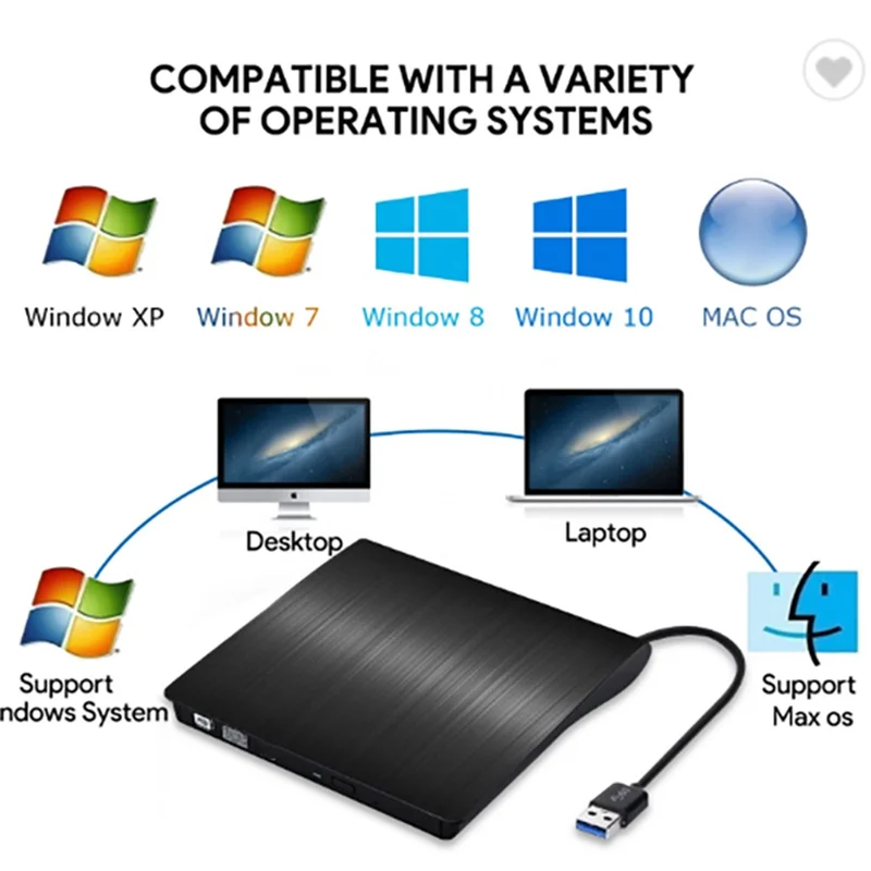 663 USB3.0 Computer Laptop External Optical Drive Burner Brushed High Speed CD DVD Burner - Black+White