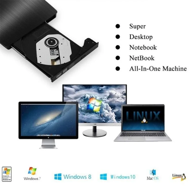 663 USB3.0 Computer Laptop External Optical Drive Burner Brushed High Speed CD DVD Burner - Black+White