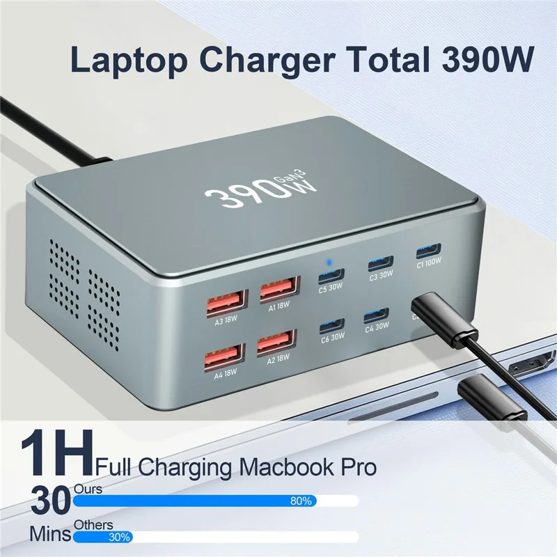 390W GaN Charger Type-C + USB-A 10 Ports Desktop Charging Station for Phone Tablet Laptop - US Plug