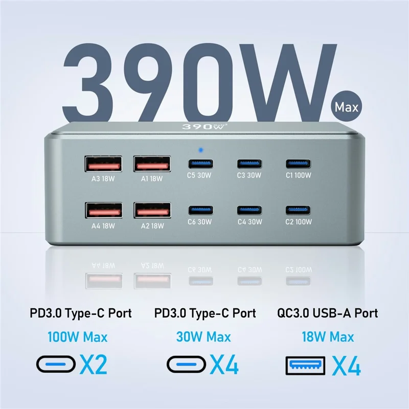 390W GaN Charger Type-C + USB-A 10 Ports Desktop Charging Station for Phone Tablet Laptop - US Plug