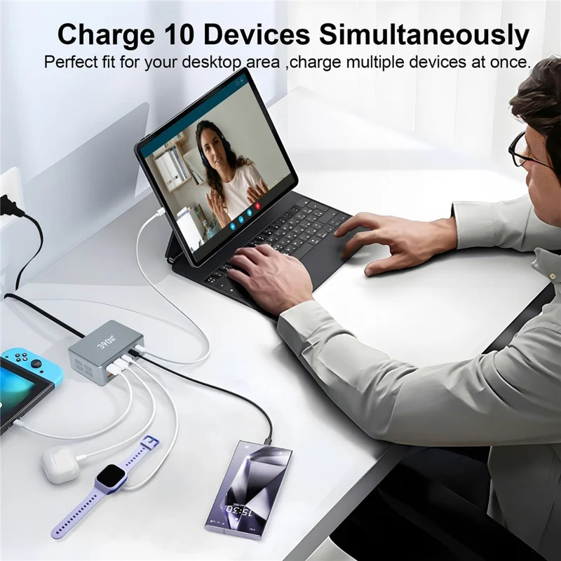 390W GaN Charger Type-C + USB-A 10 Ports Desktop Charging Station for Phone Tablet Laptop - US Plug