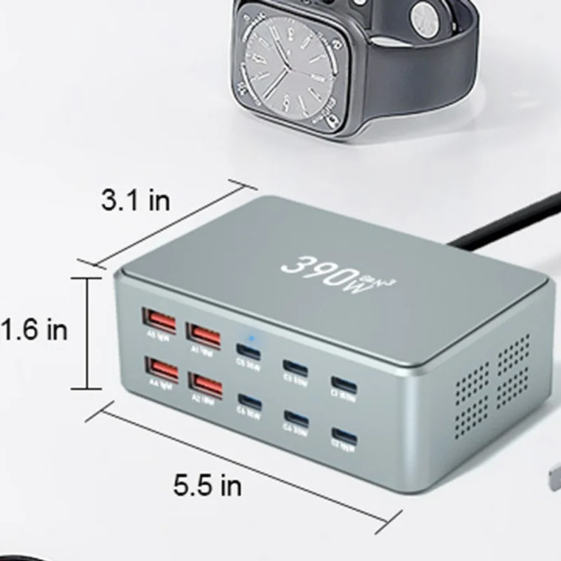390W GaN Charger Type-C + USB-A 10 Ports Desktop Charging Station for Phone Tablet Laptop - US Plug