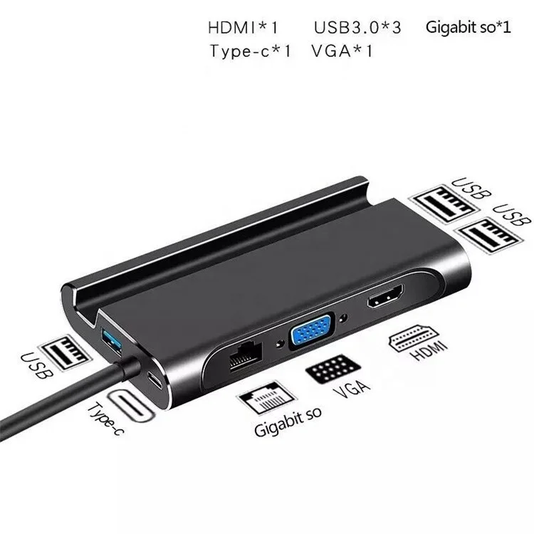 1037 7 in 1 USB C Hub 3*USB 3.0+Type-C+HD+RJ45 Gigabit Ethernet Port+VGA Multi-function Converter