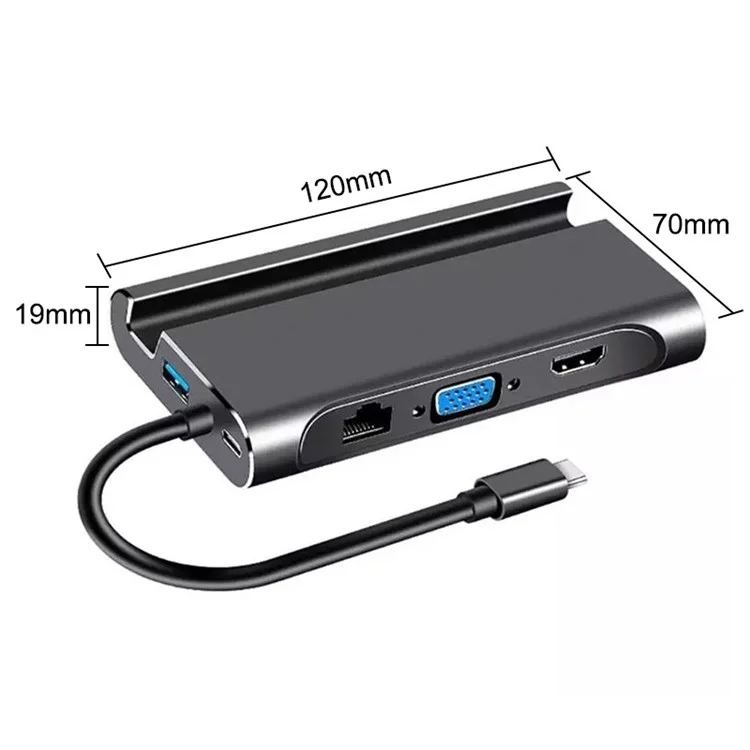 1037 7 in 1 USB C Hub 3*USB 3.0+Type-C+HD+RJ45 Gigabit Ethernet Port+VGA Multi-function Converter