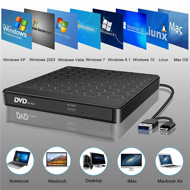 Lecteur optique externe Football Pattern USB3.0 / Type-C ordinateur portable Haute vitesse DVD Burner