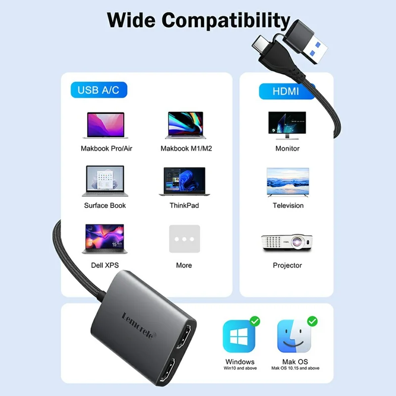 LEMORELE HD10 USB  /  Type-C to Dual HD Adapter 4K 1080P Dual Display Output Converter For Laptop Dual Monitor Extension