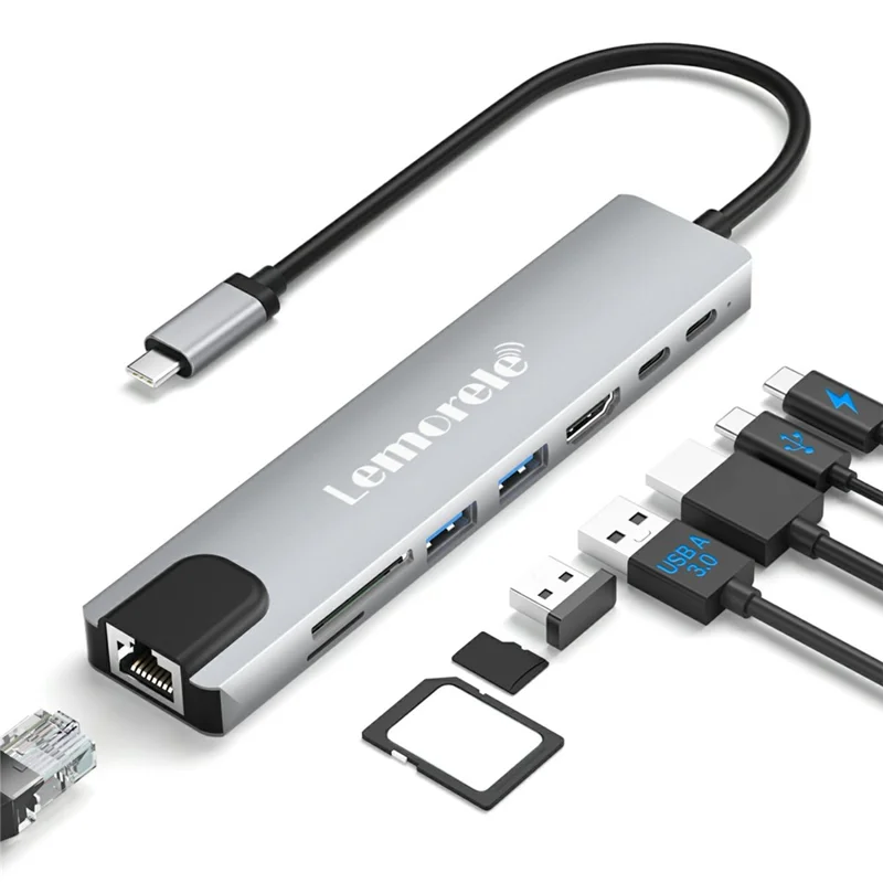 LEMORELE TC19 8 in 1 Type-C Hub Adapter Multiport Docking Station with HD 4K  /  PD Charging  /  Ethernet
