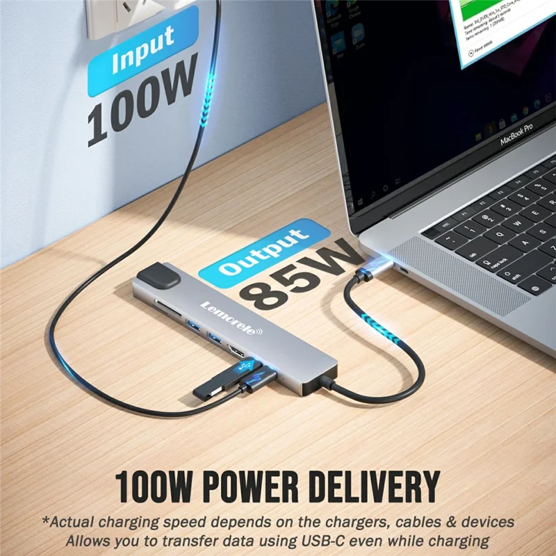 LEMORELE TC19 8 in 1 Type-C Hub Adapter Multiport Docking Station with HD 4K  /  PD Charging  /  Ethernet